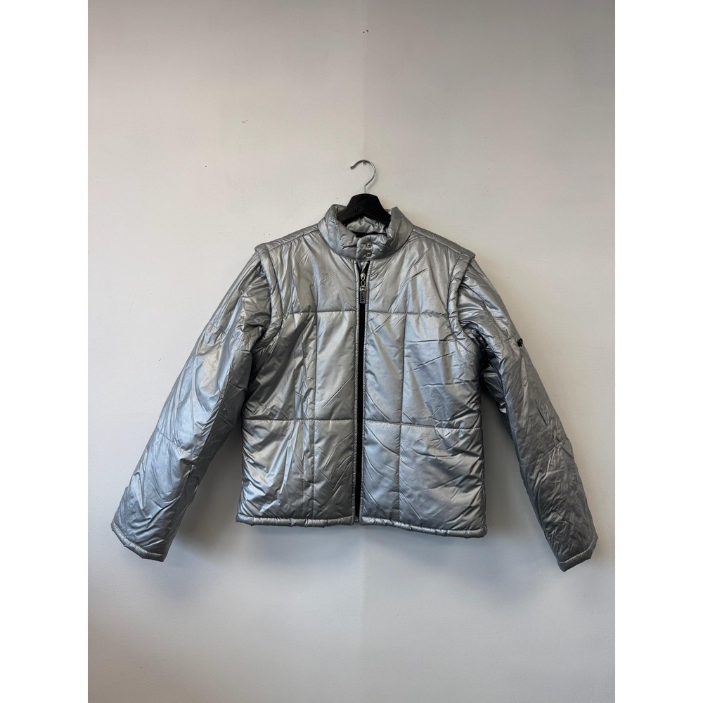 Vintage Guess Jeans Jacket Futuristic Large Silver Puffer American Tradition 90s